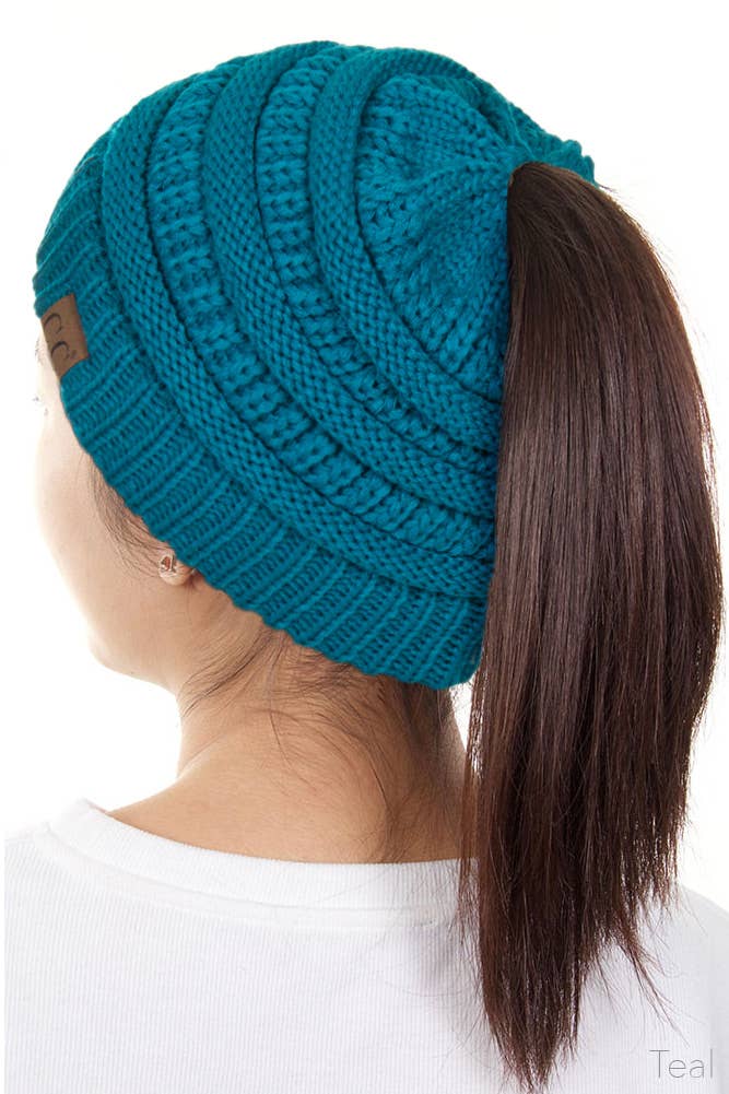 Hana - C.C Solid Color Ponytail Messy Bun Beanie