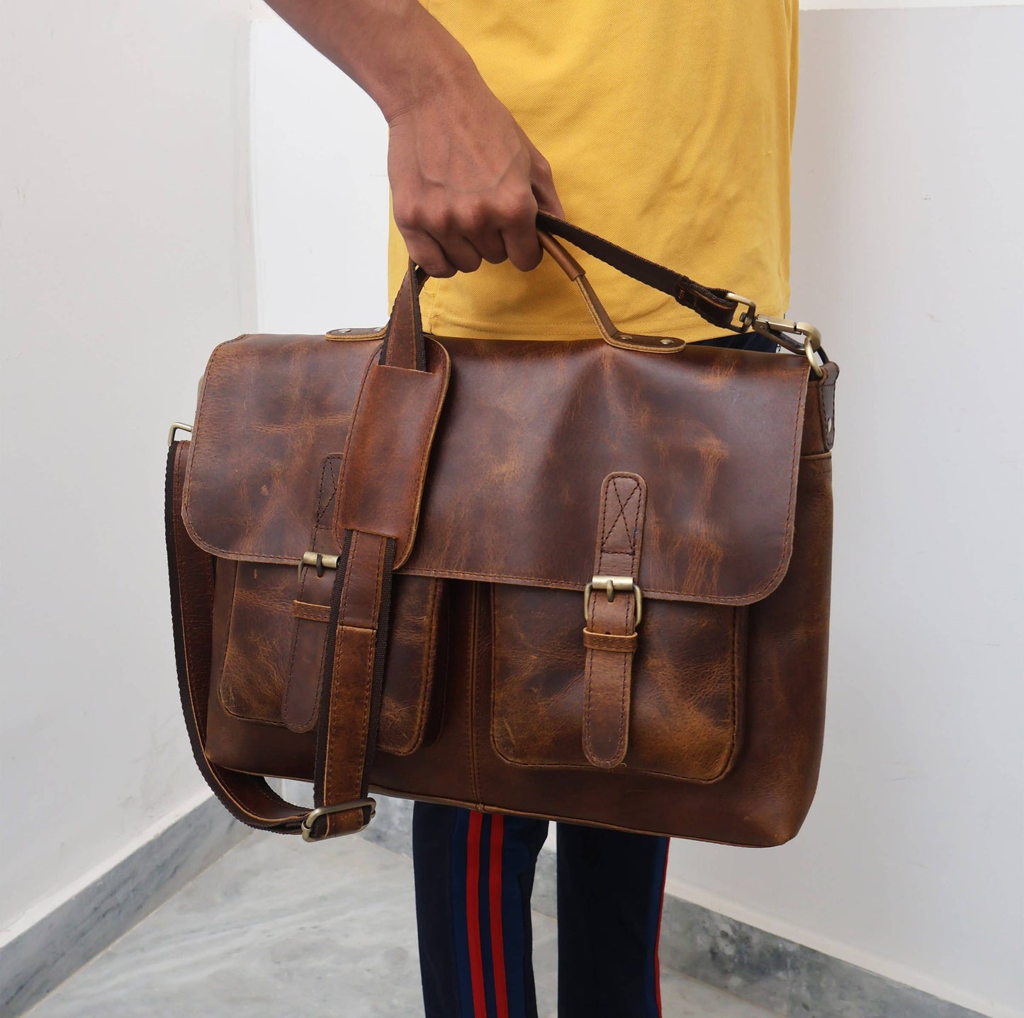 Buffalo Leather Double Pocket Messenger Bag