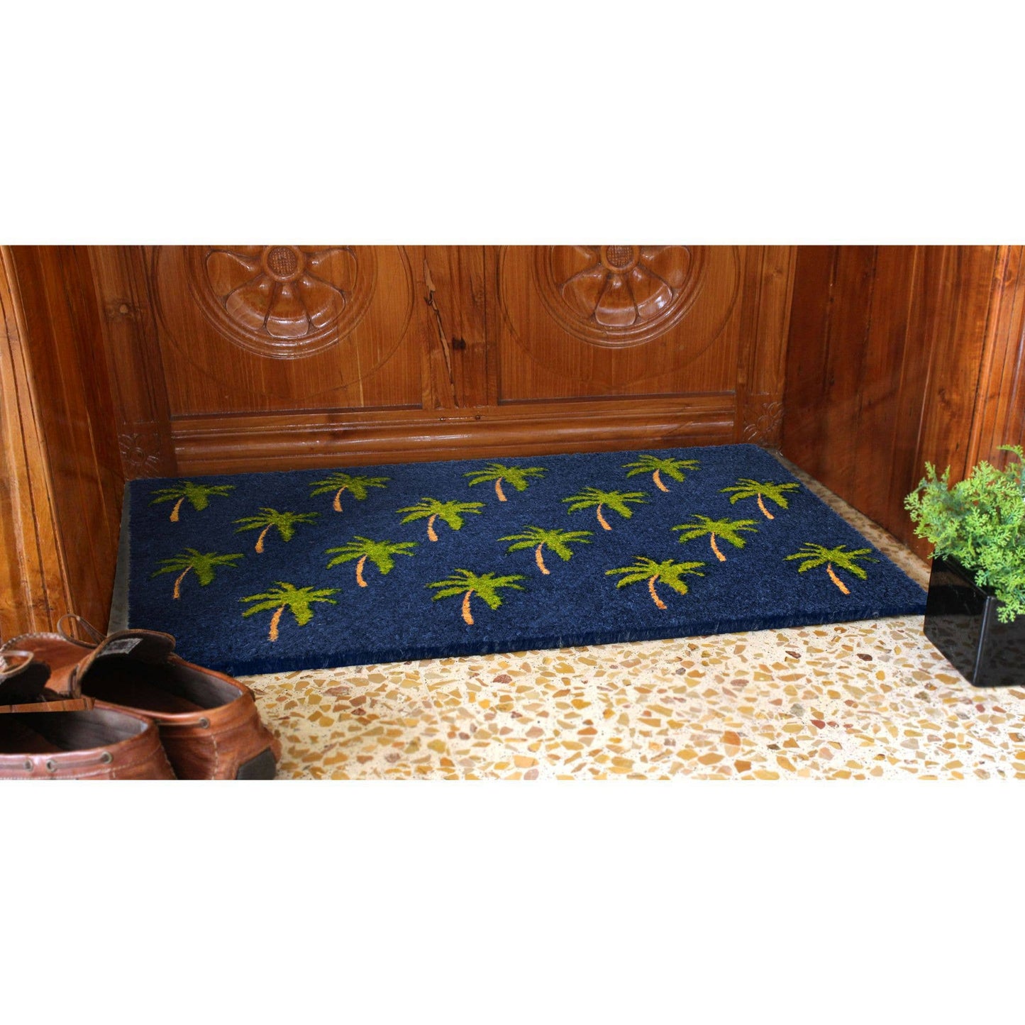 RugSmith - RugSmith Blue Palm Tree Graphic Coir Doormat, 18" x 30"