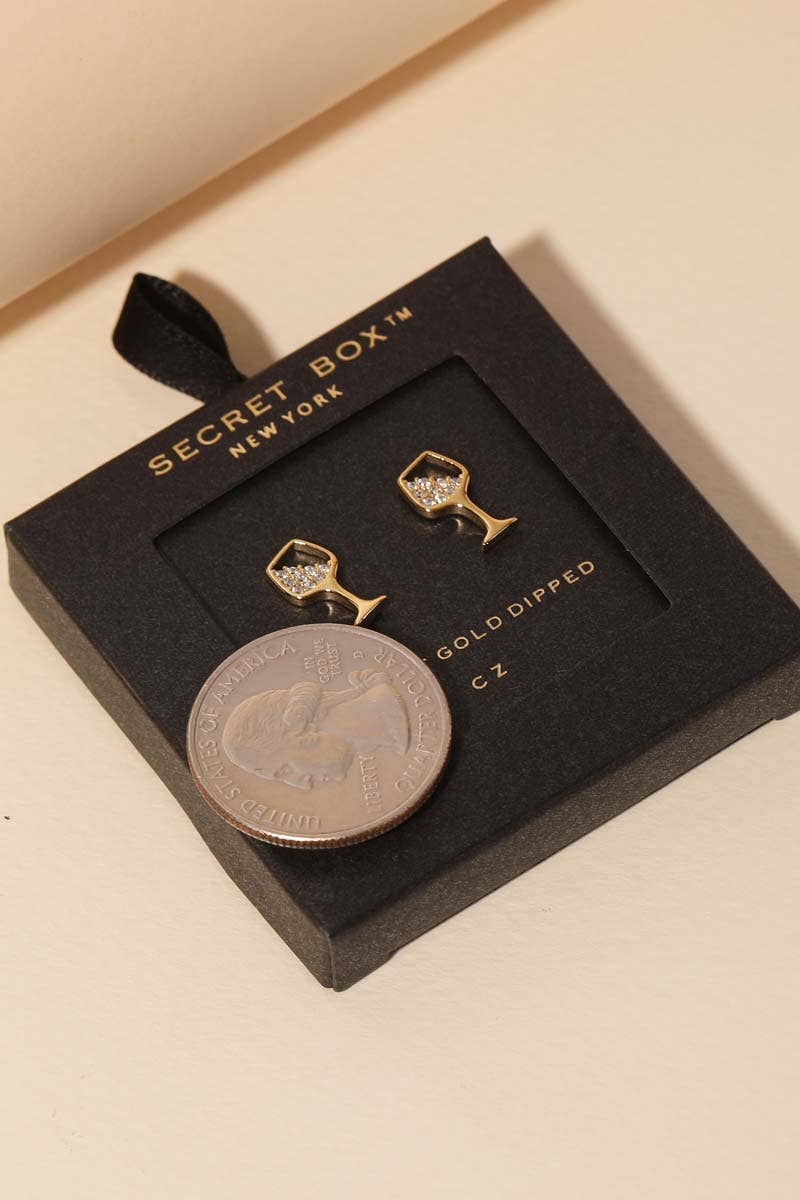 Secret Box White Gold Dipped Cz Wine Glass Stud Earrings