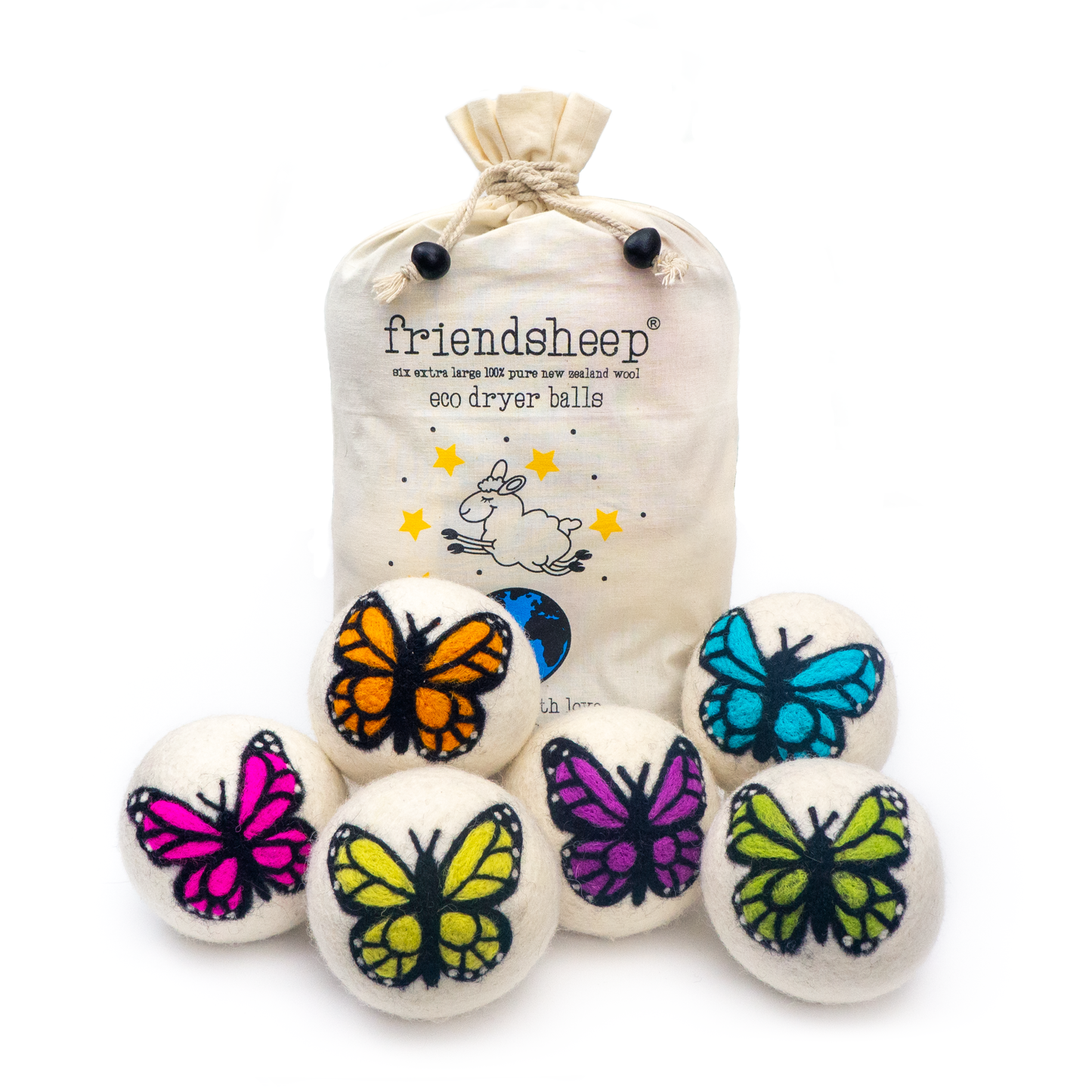 Friendsheep - Rainbow Monarch Butterfly Eco Wool Dryer Ball - Set of 6