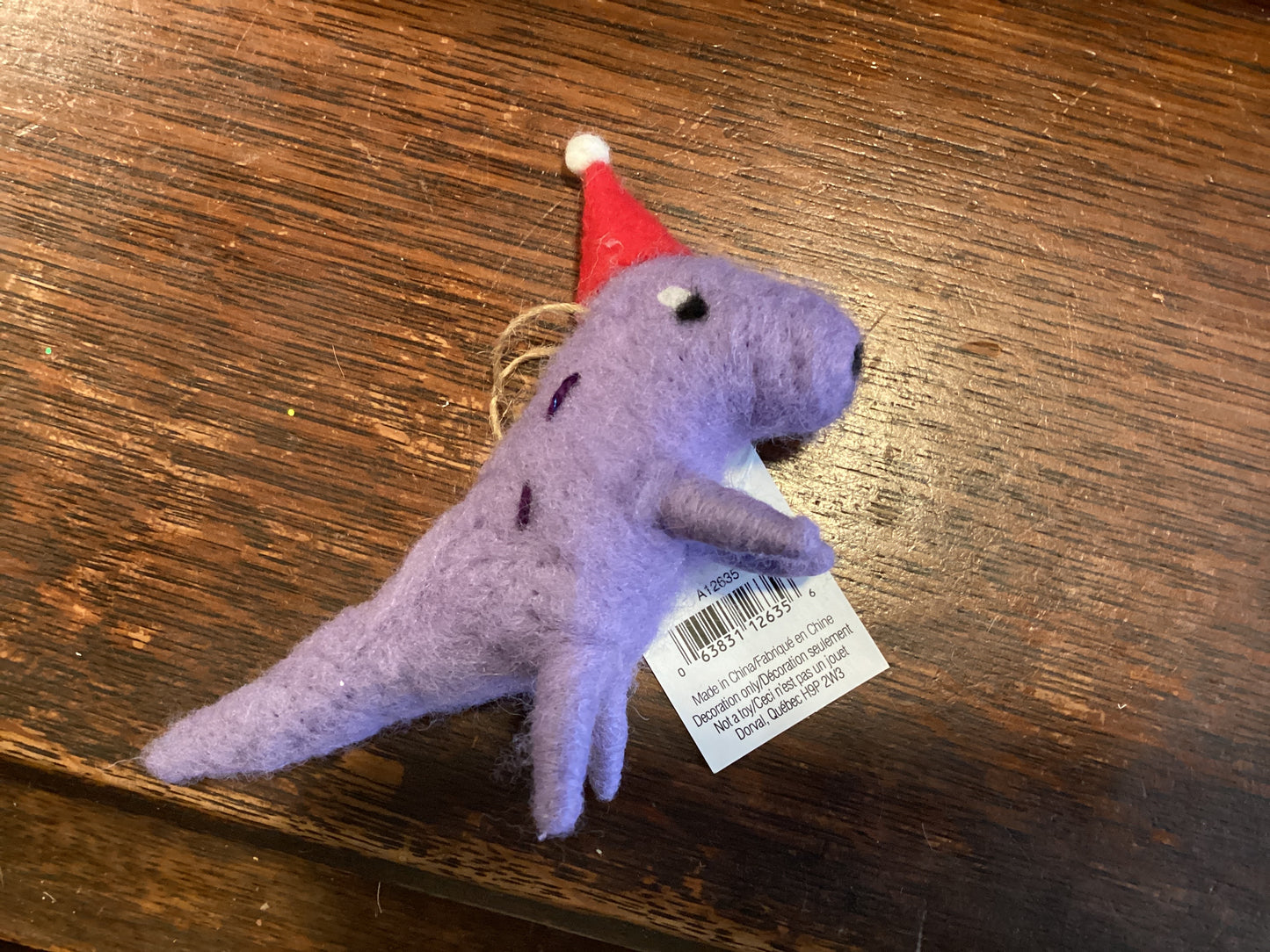Purple Felt Dino with Santa Hat | Ornaments