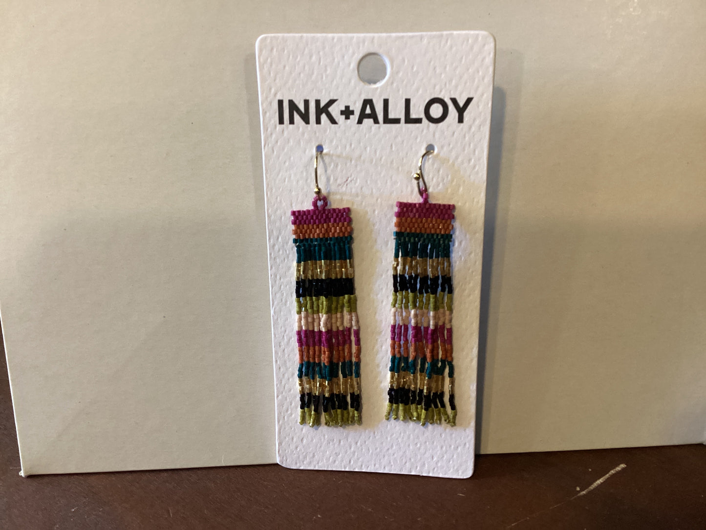 Billie mixed horizontal stripes beaded fringe earrings muted rainbow