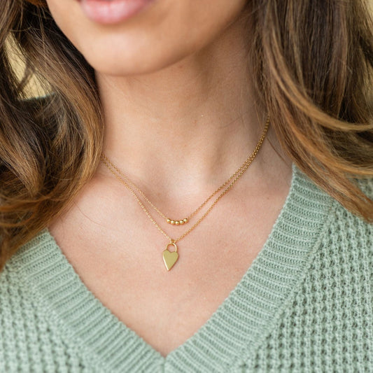 Splendid Iris - Double Layer Long Heart with Twist Gold Necklace