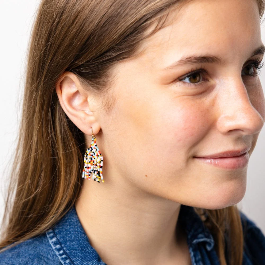 Cassie Mini Confetti on Fish Hook, Short Fringe Earrings - Black, Lt. Blue, Lemon Gold