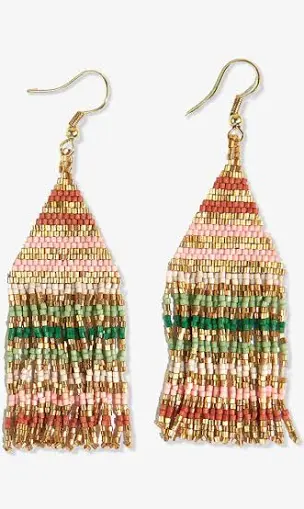 Lexie horizontal lines beaded fringe earrings gold/green