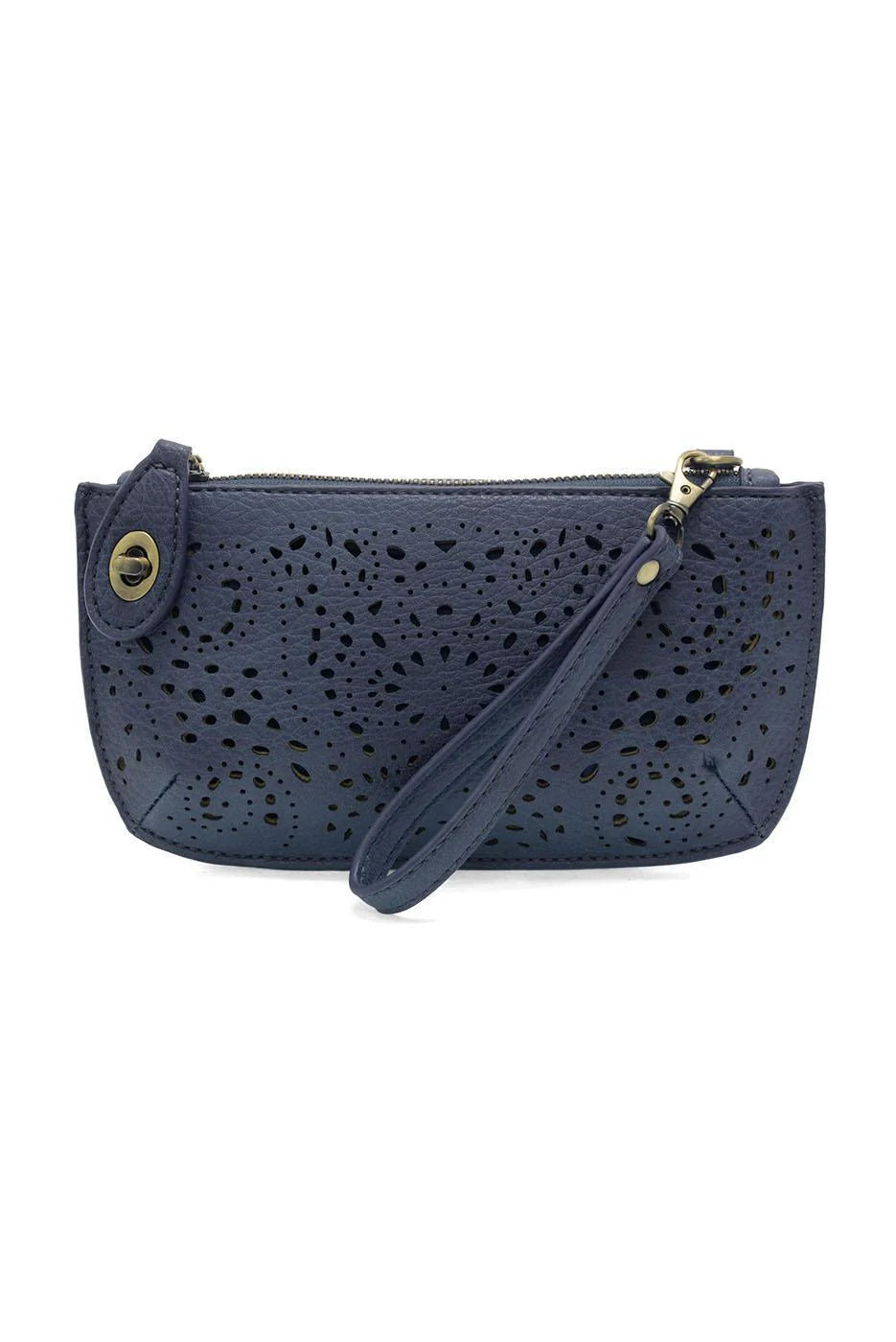 Denim Lazer Cut Eyelet Mini Wristlet Crossbody Clutch