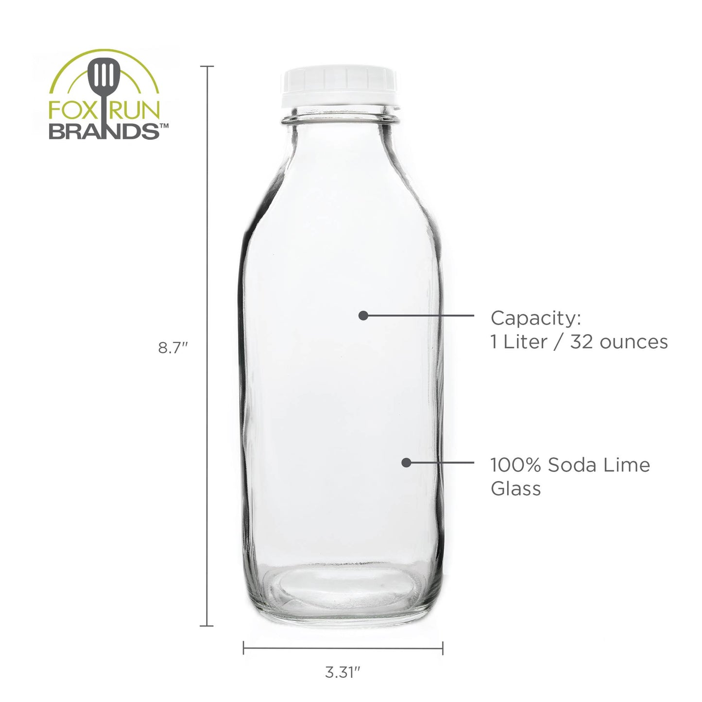 Fox Run Brands - Fox Run Classic Glass Milk Bottle With Lid, 32 oz or 1 Quart