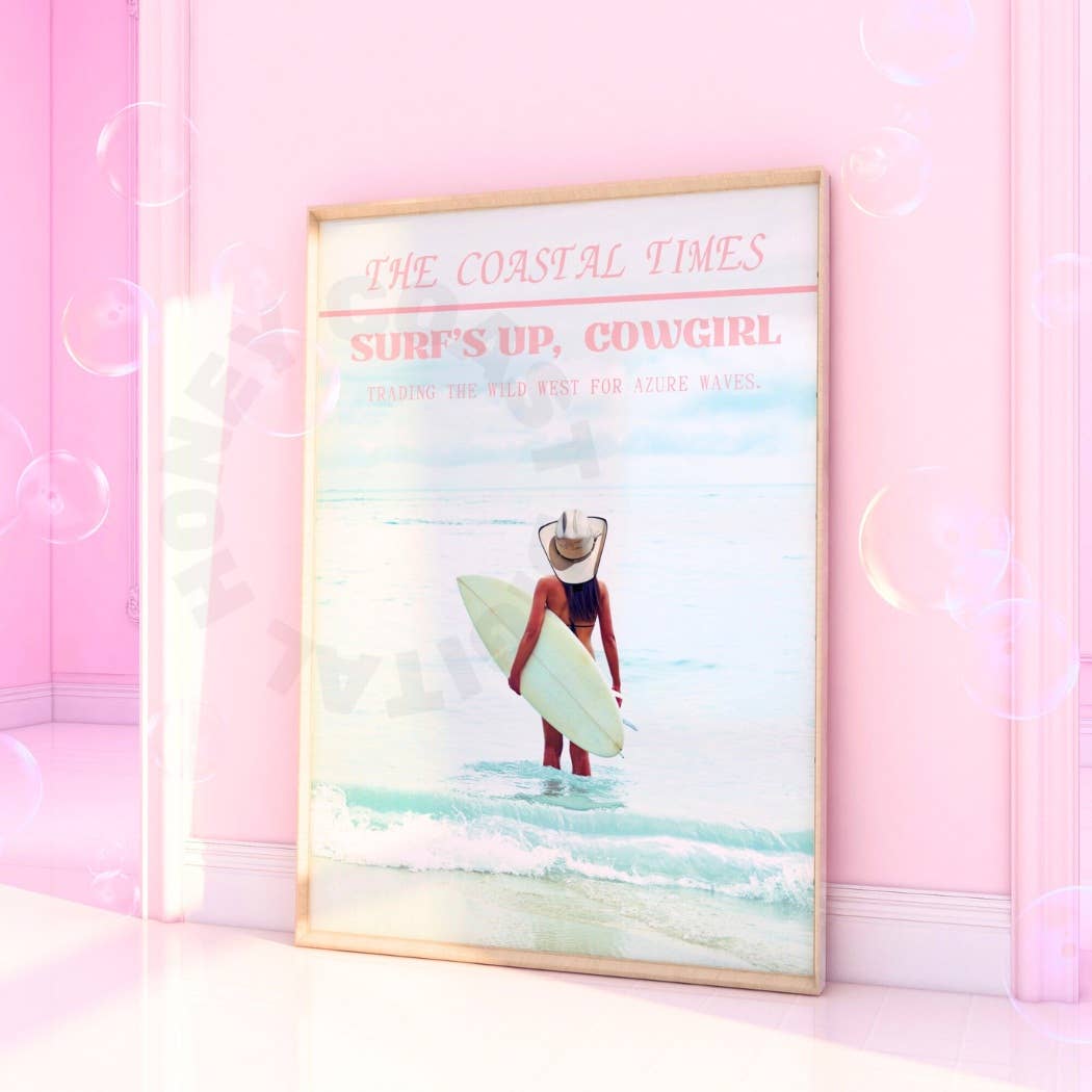 Trendy Newspaper Poster, Surfs Up Cowgirl News Print