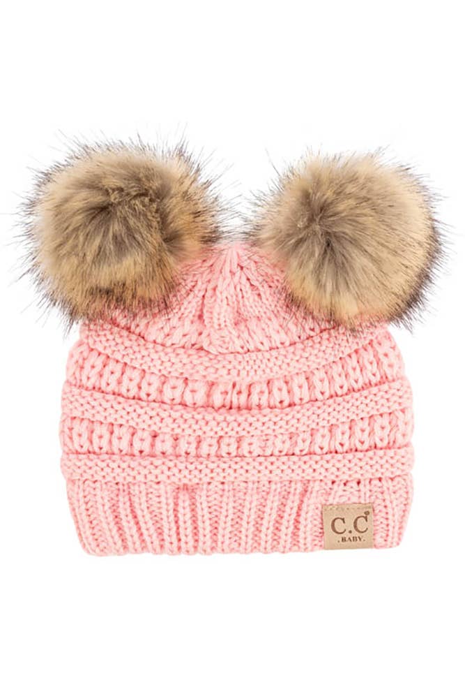 C.C Solid Ribbed Infant Natural Fur Double Pom Pom Beanie: New Candy Pink