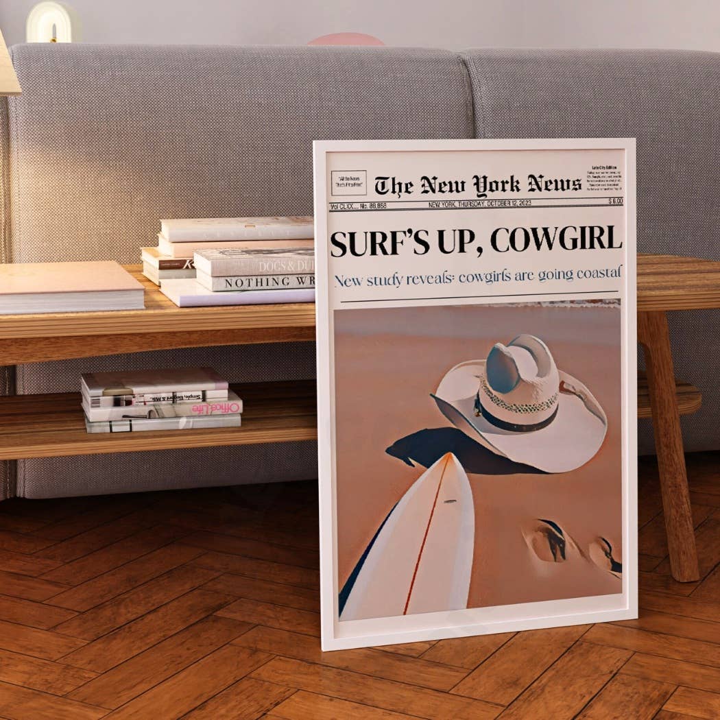Surfs Up Cowgirl Newspaper Headline Wall Art Prints