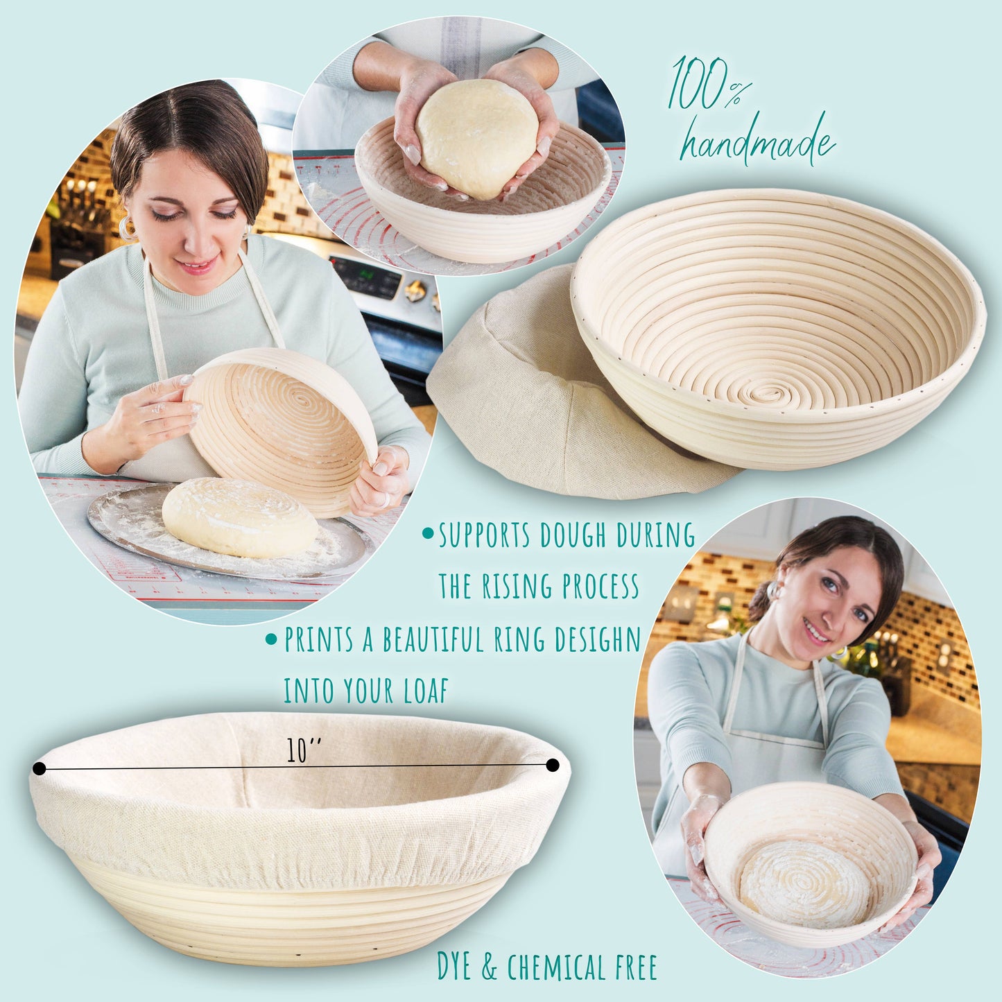 Bospak - 10" Round Bread Proofing Basket Rattan bowl w/cloth Liner