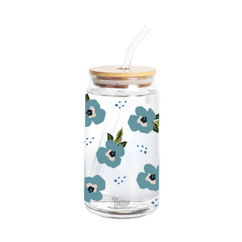 Glass Drinkware 20 oz | Teal Retro Floral