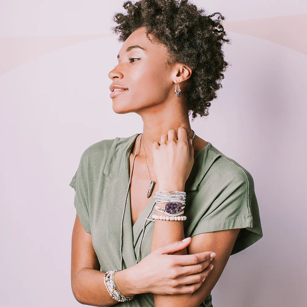 Suede & Stone Wrap Bracelet + Necklace | Rose Quartz + Silver