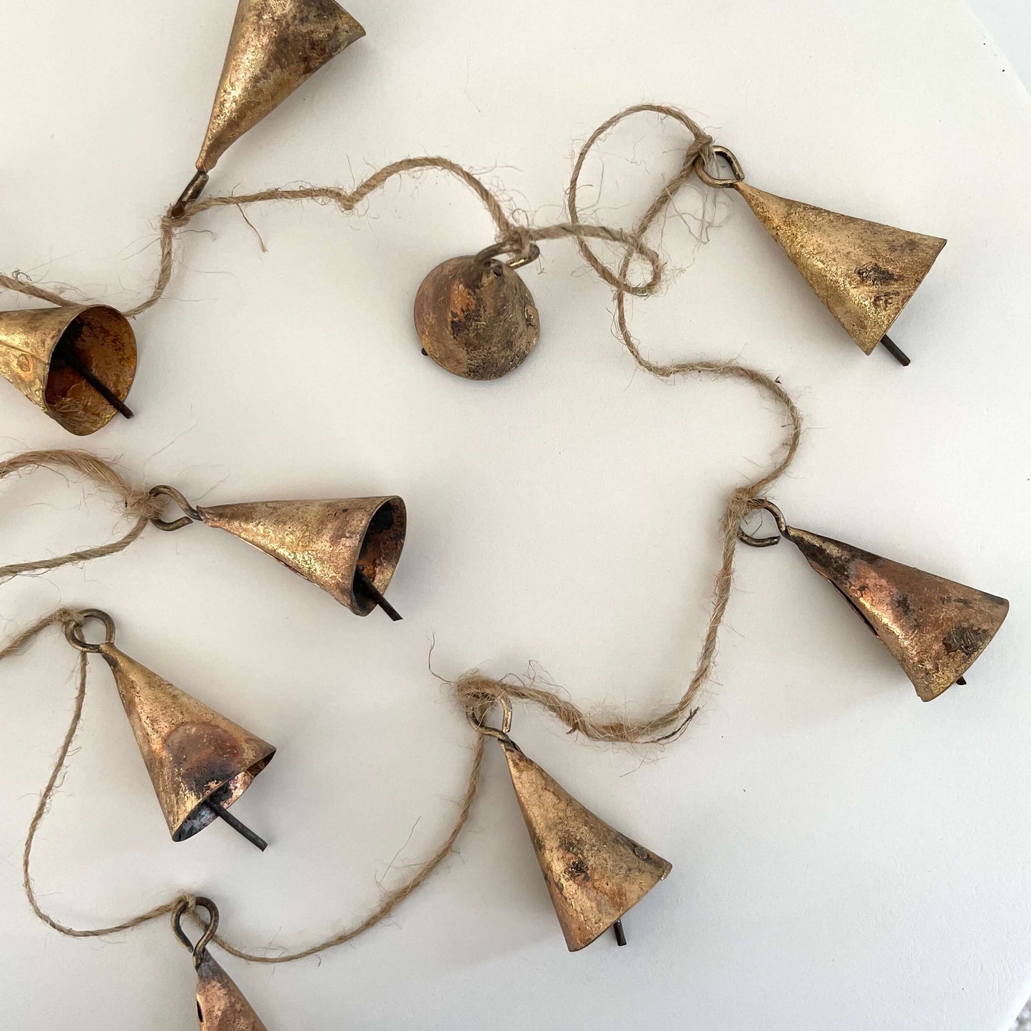 Rustic 72" tin cone shaped brass bell jute garland