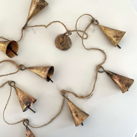 Rustic 72" tin cone shaped brass bell jute garland