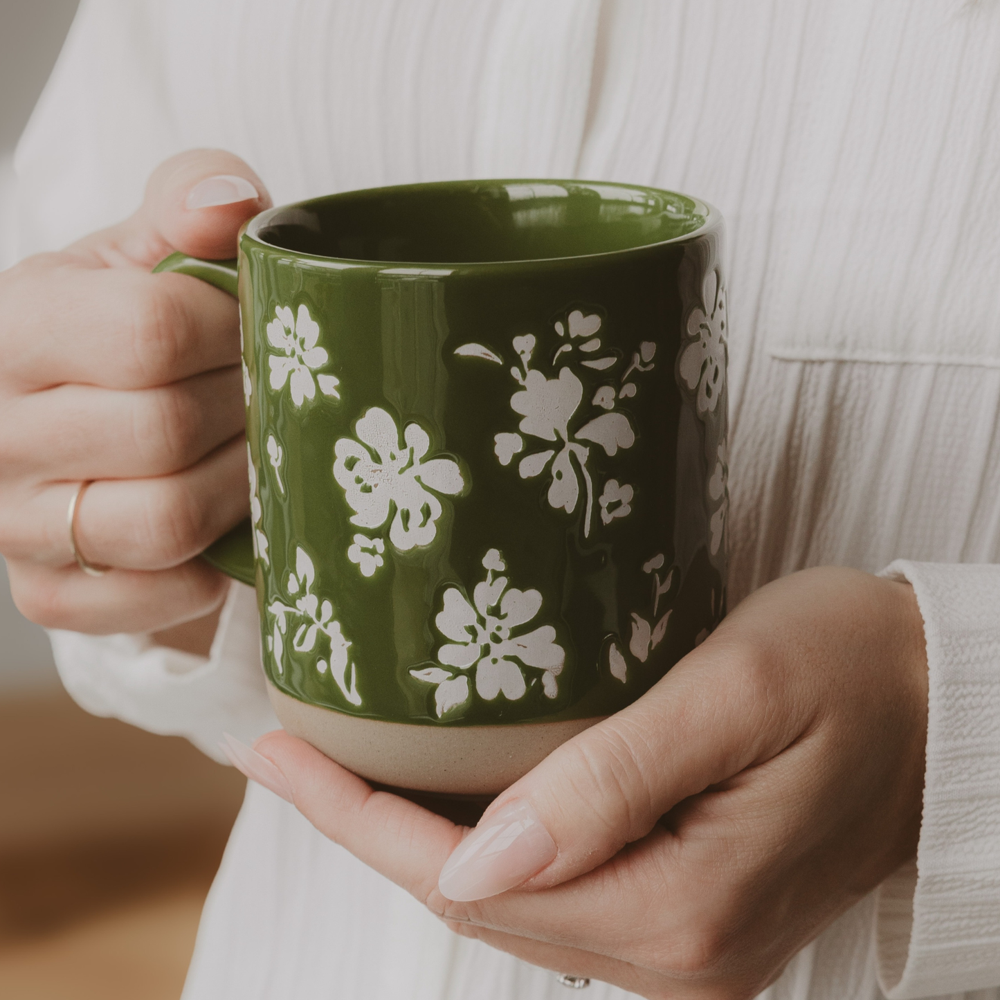 Sweet Water Decor - Green Floral Stoneware Coffee Mug - Spring Home Decor