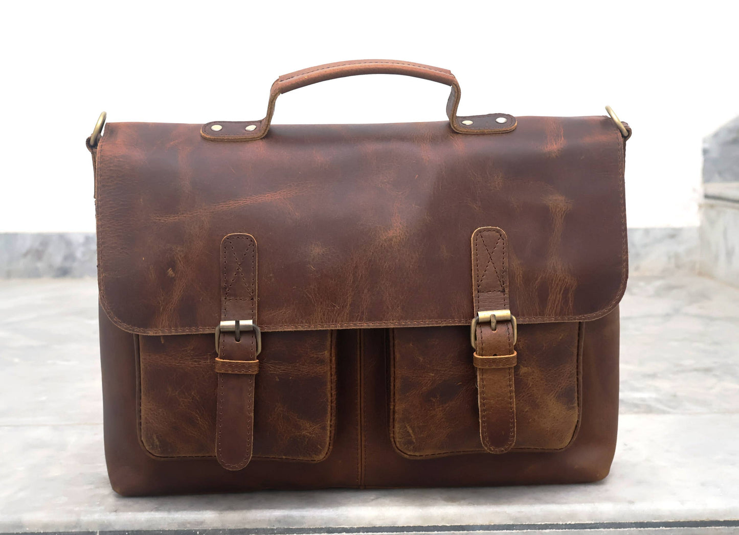 Buffalo Leather Double Pocket Messenger Bag