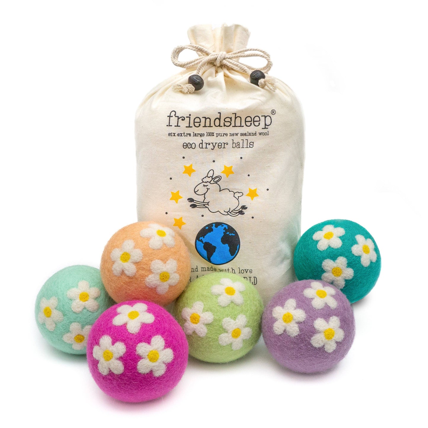 Daisy Flower Eco Felt Wool Dryer Balls - Set of 6