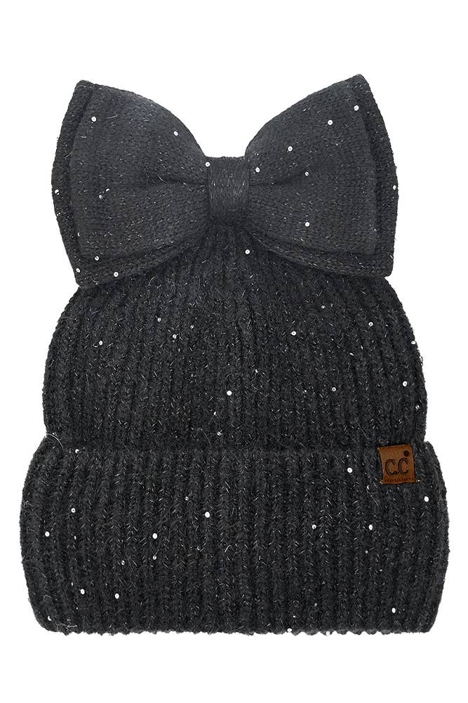 Hana - C.C Messy Bun Bow Beanie with Sequins Winter Hat