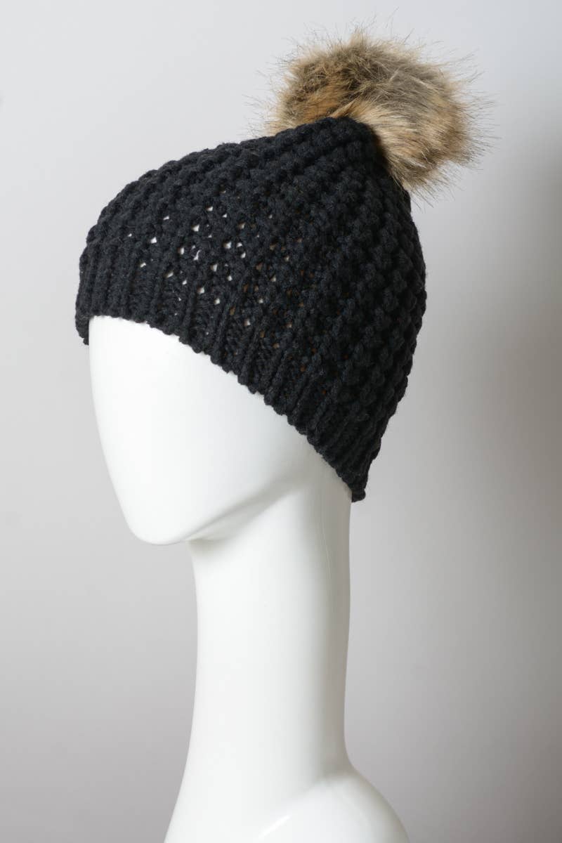 Textured Beanie With Pom Pom: Ivory