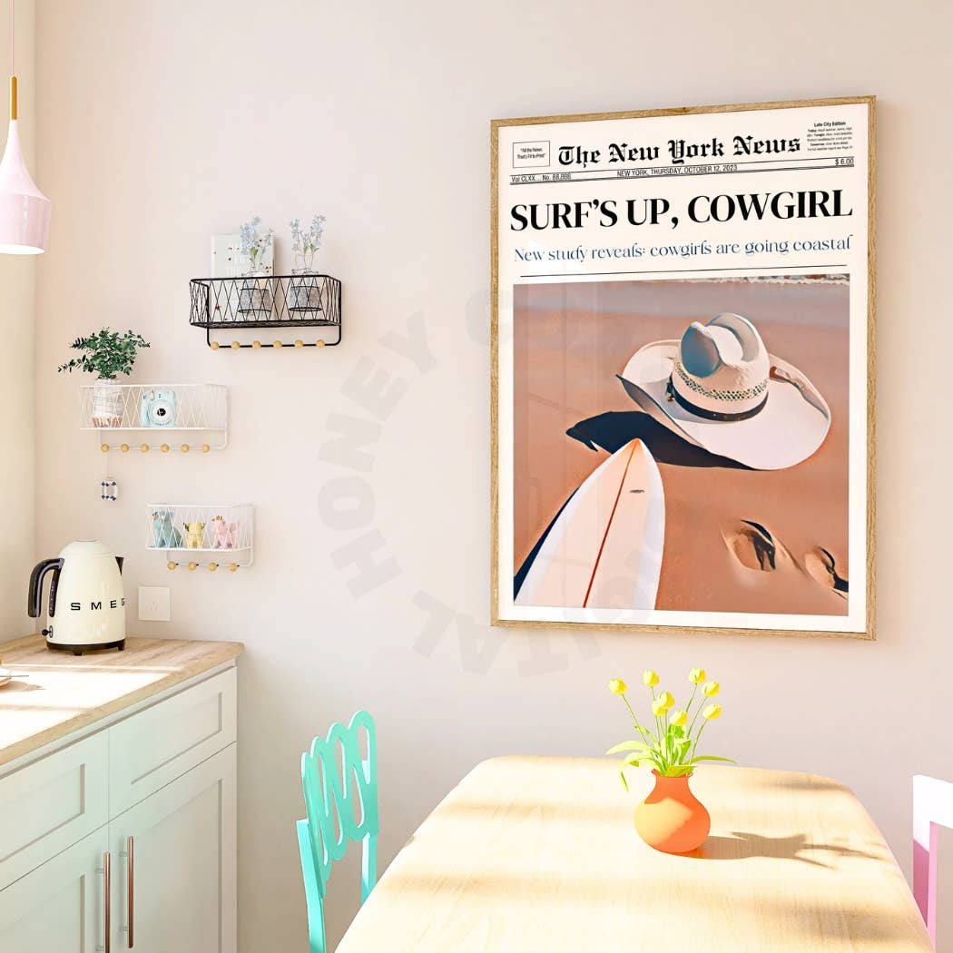 Surfs Up Cowgirl Newspaper Headline Wall Art Prints