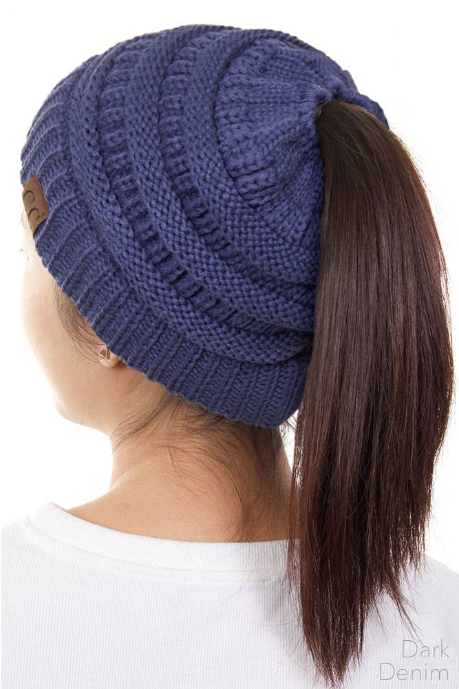 C.C Solid Color Ponytail Messy Bun Beanie: Navy