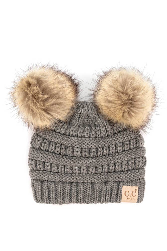 C.C Solid Ribbed Infant Natural Fur Double Pom Pom Beanie: Black
