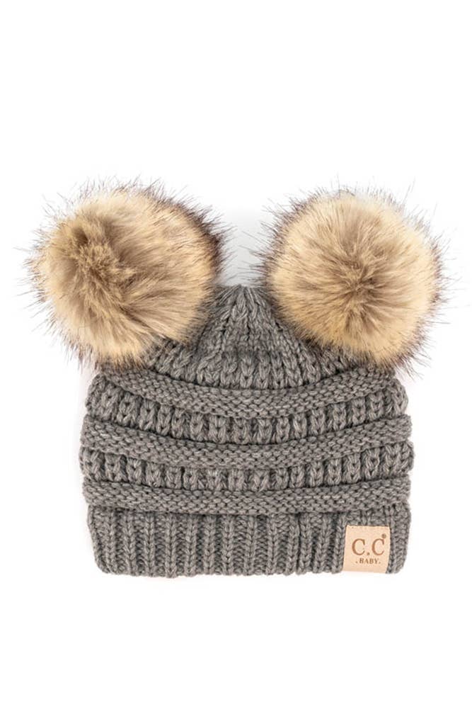 Hana - C.C Solid Ribbed Infant Natural Fur Double Pom Pom Beanie