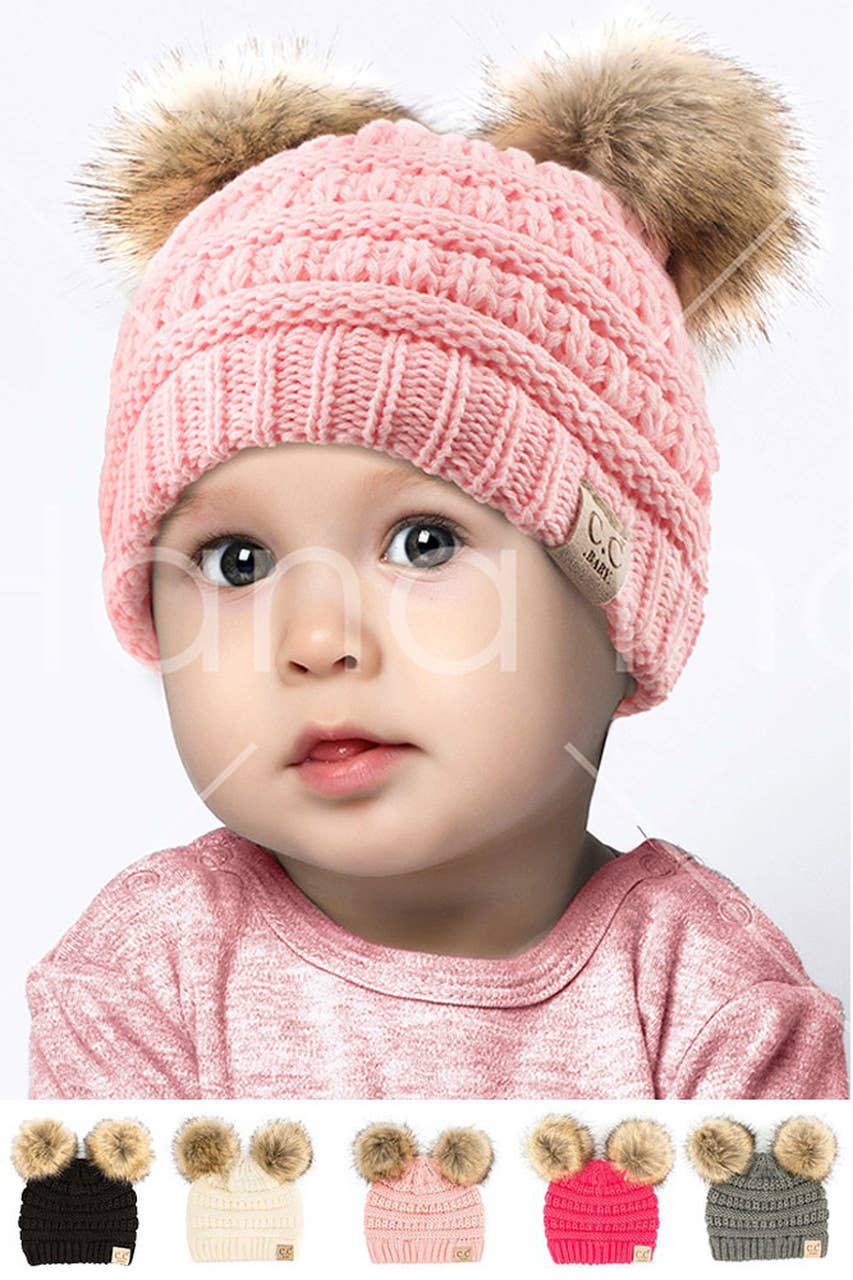 C.C Solid Ribbed Infant Natural Fur Double Pom Pom Beanie: Ivory