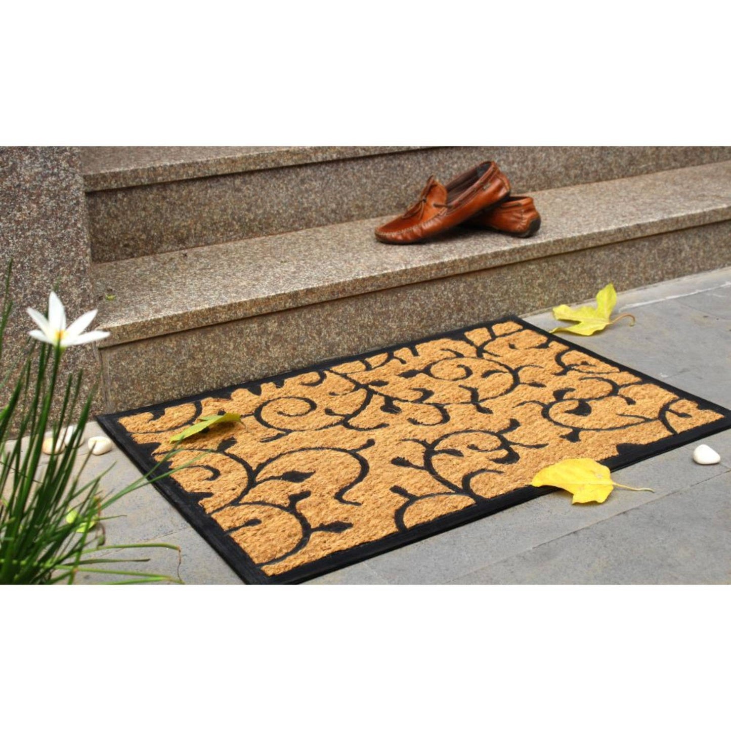 RugSmith - RugSmith Black Moulded Rubber Coir Vines Doormat, 24" x 36"