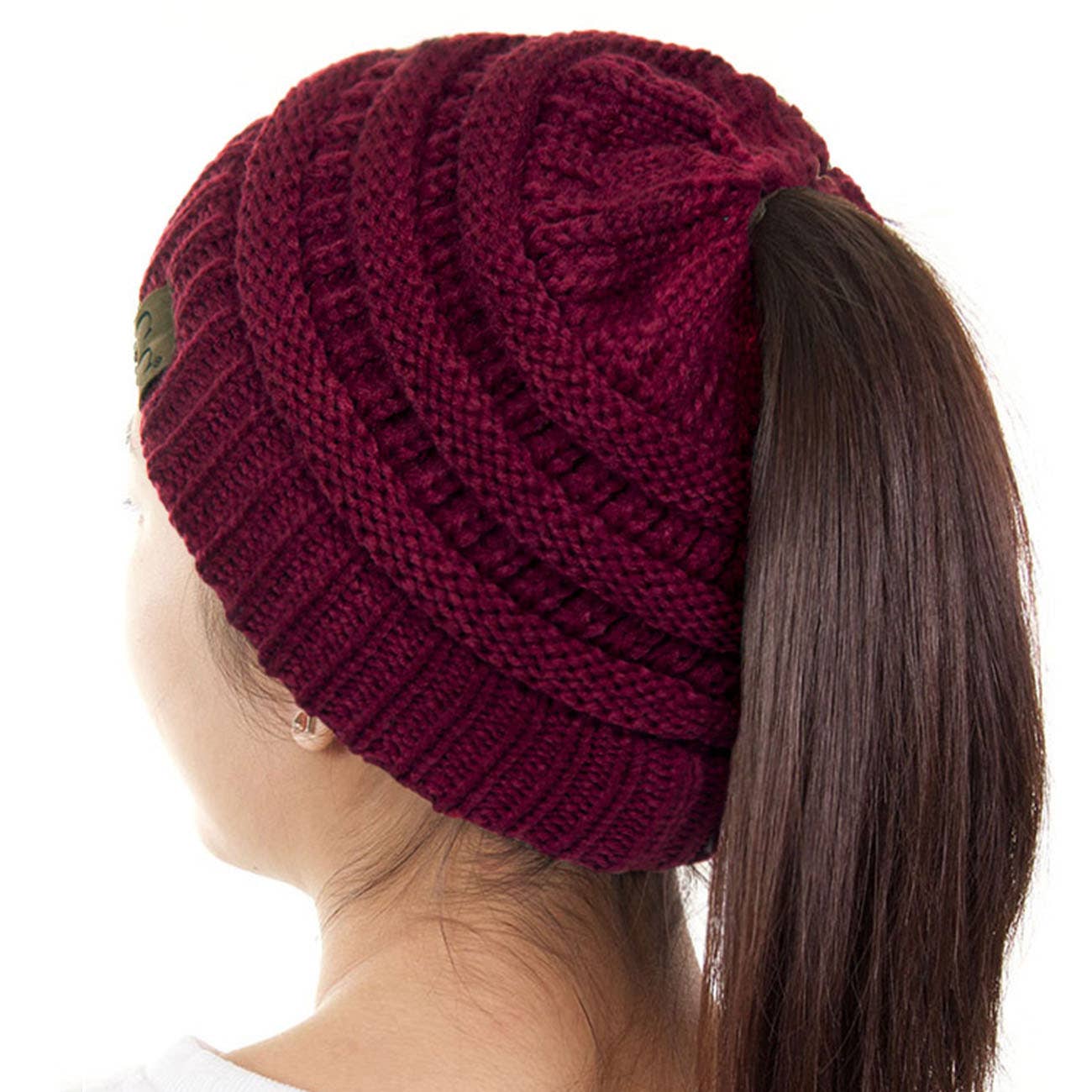 C.C Solid Color Ponytail Messy Bun Beanie: Navy