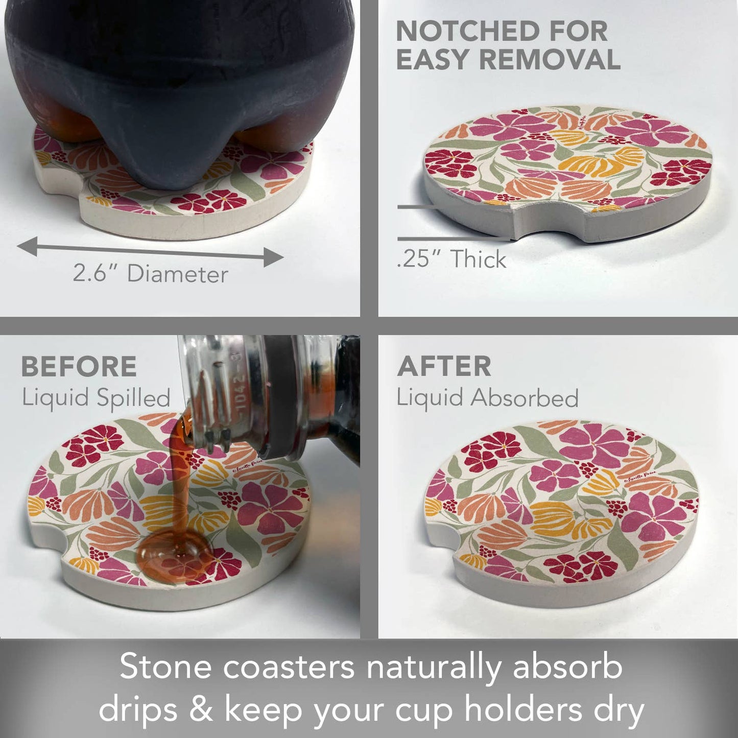 "Floral Melody" Stone Car Coaster  BULK NO PACKAGING