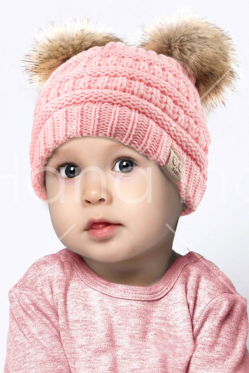 C.C Solid Ribbed Infant Natural Fur Double Pom Pom Beanie: New Candy Pink
