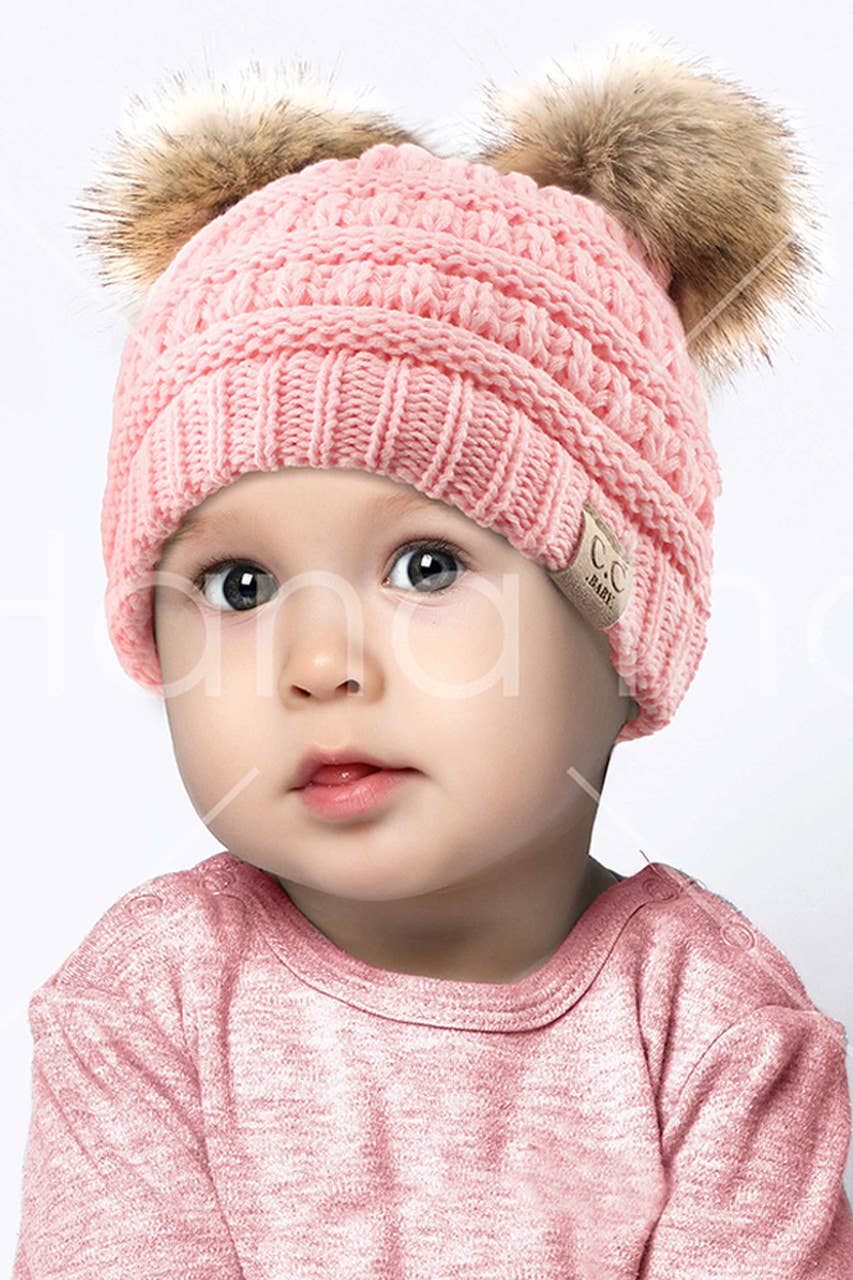 Hana - C.C Solid Ribbed Infant Natural Fur Double Pom Pom Beanie