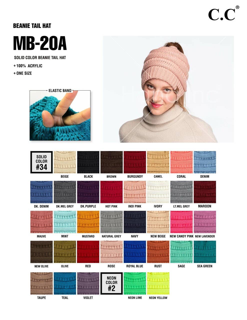 Hana - C.C Solid Color Ponytail Messy Bun Beanie