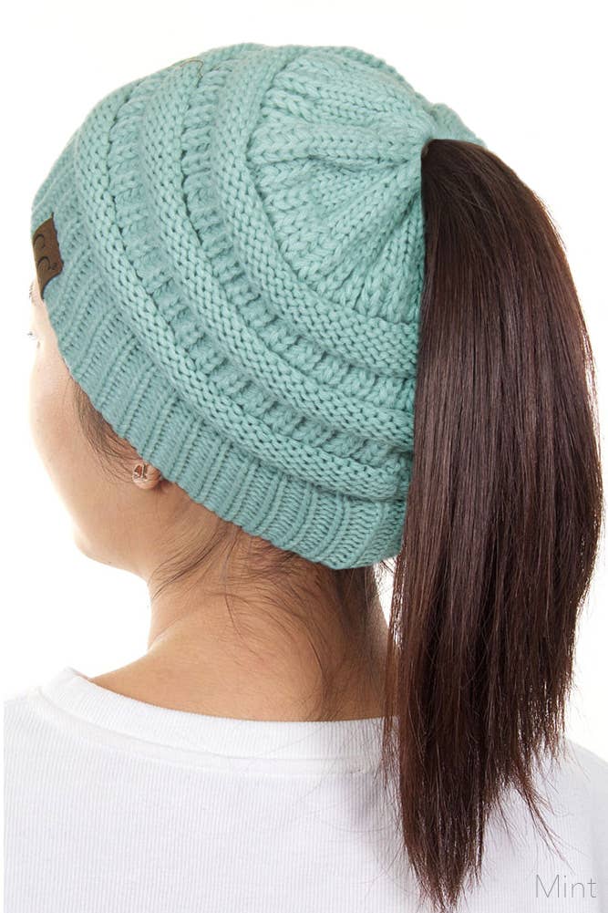 C.C Solid Color Ponytail Messy Bun Beanie: New Olive