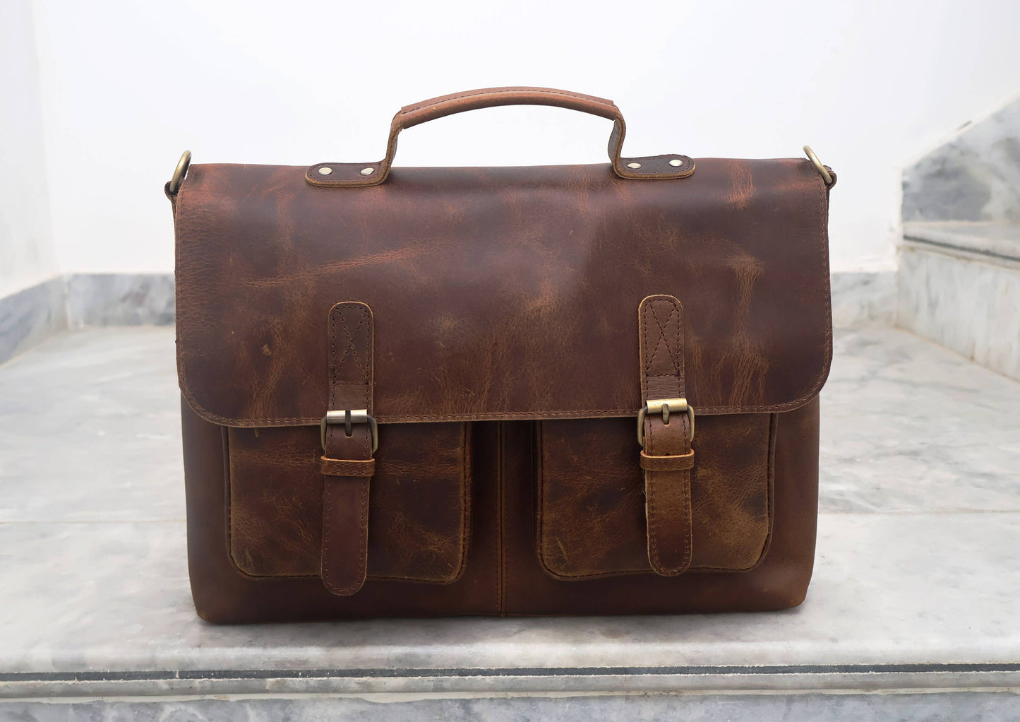 Buffalo Leather Double Pocket Messenger Bag