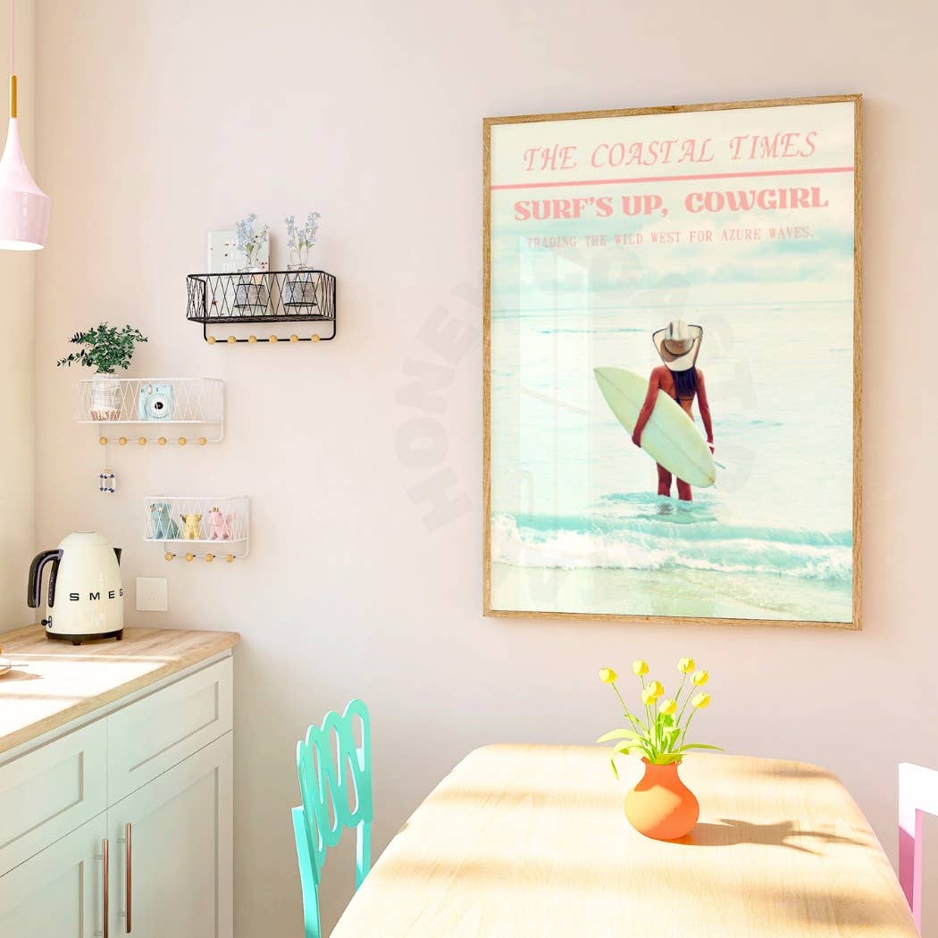 Trendy Newspaper Poster, Surfs Up Cowgirl News Print