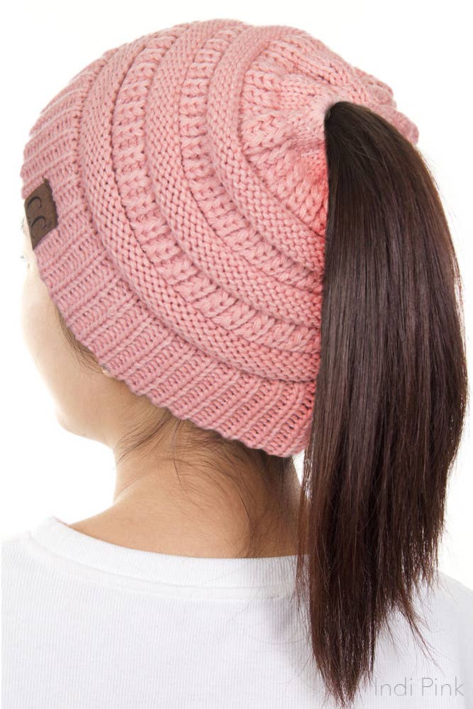 C.C Solid Color Ponytail Messy Bun Beanie: Navy