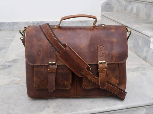 Buffalo Leather Double Pocket Messenger Bag