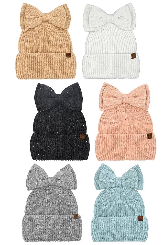 Hana - C.C Messy Bun Bow Beanie with Sequins Winter Hat