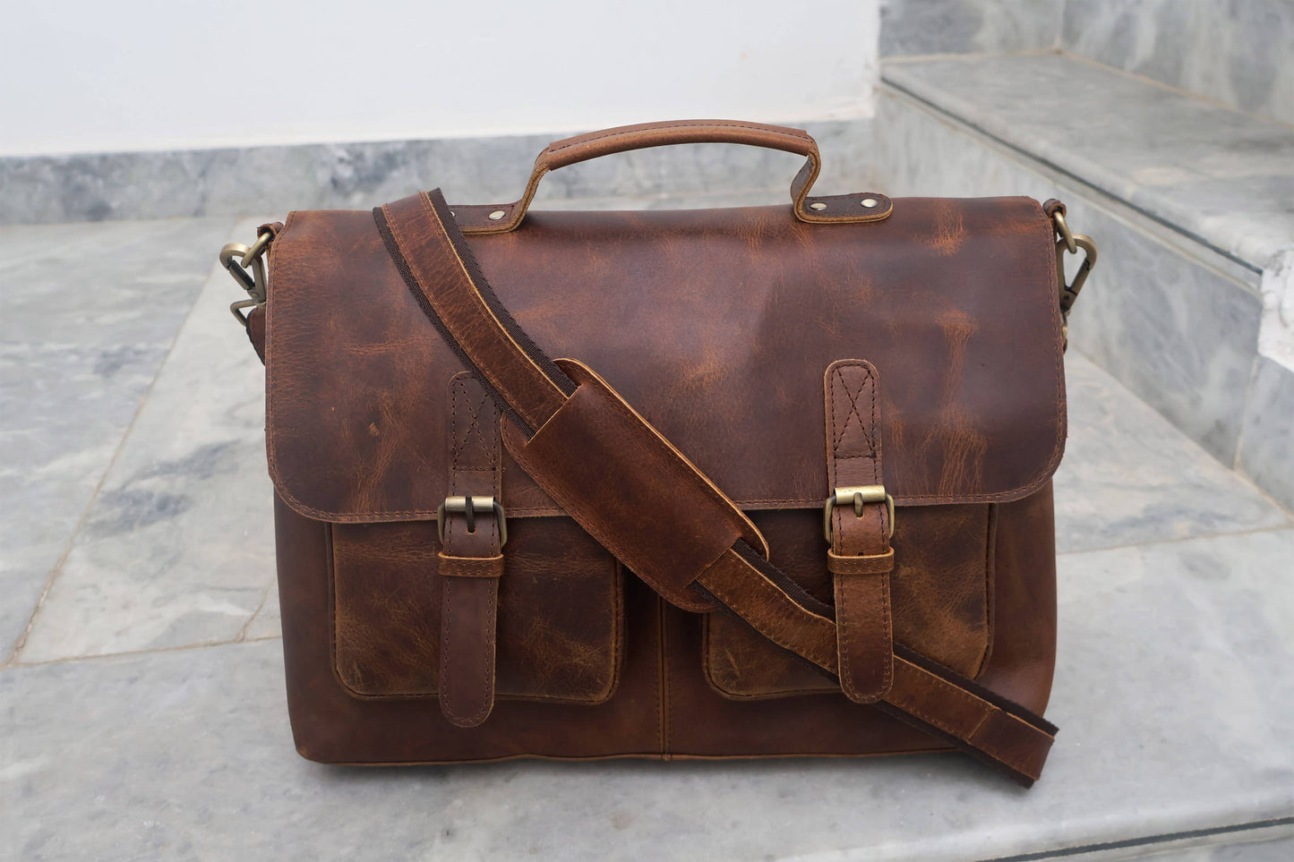 Buffalo Leather Double Pocket Messenger Bag