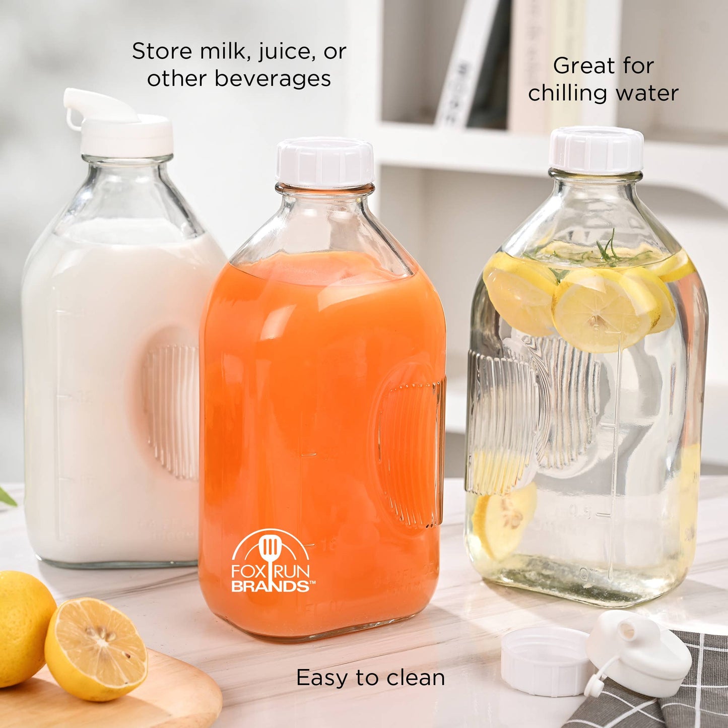 Fox Run Large Glass Milk Bottles, 64oz/2 Quart