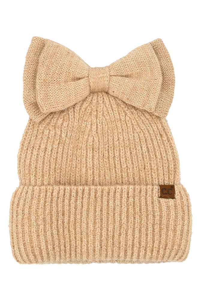 Hana - C.C Messy Bun Bow Beanie with Sequins Winter Hat