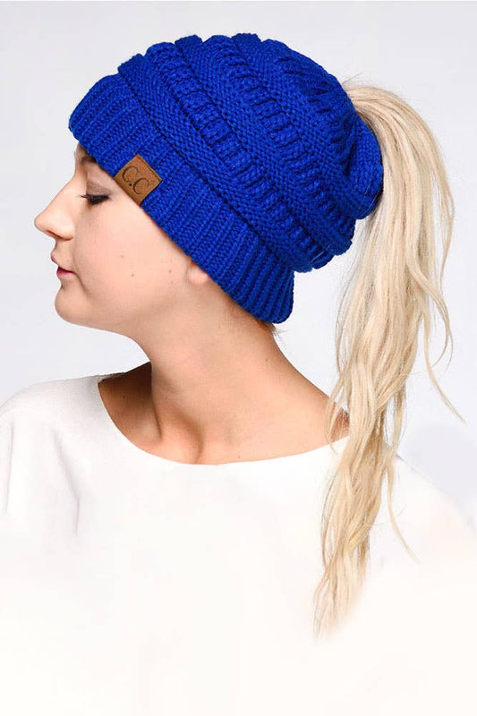 C.C Solid Color Ponytail Messy Bun Beanie: Black.