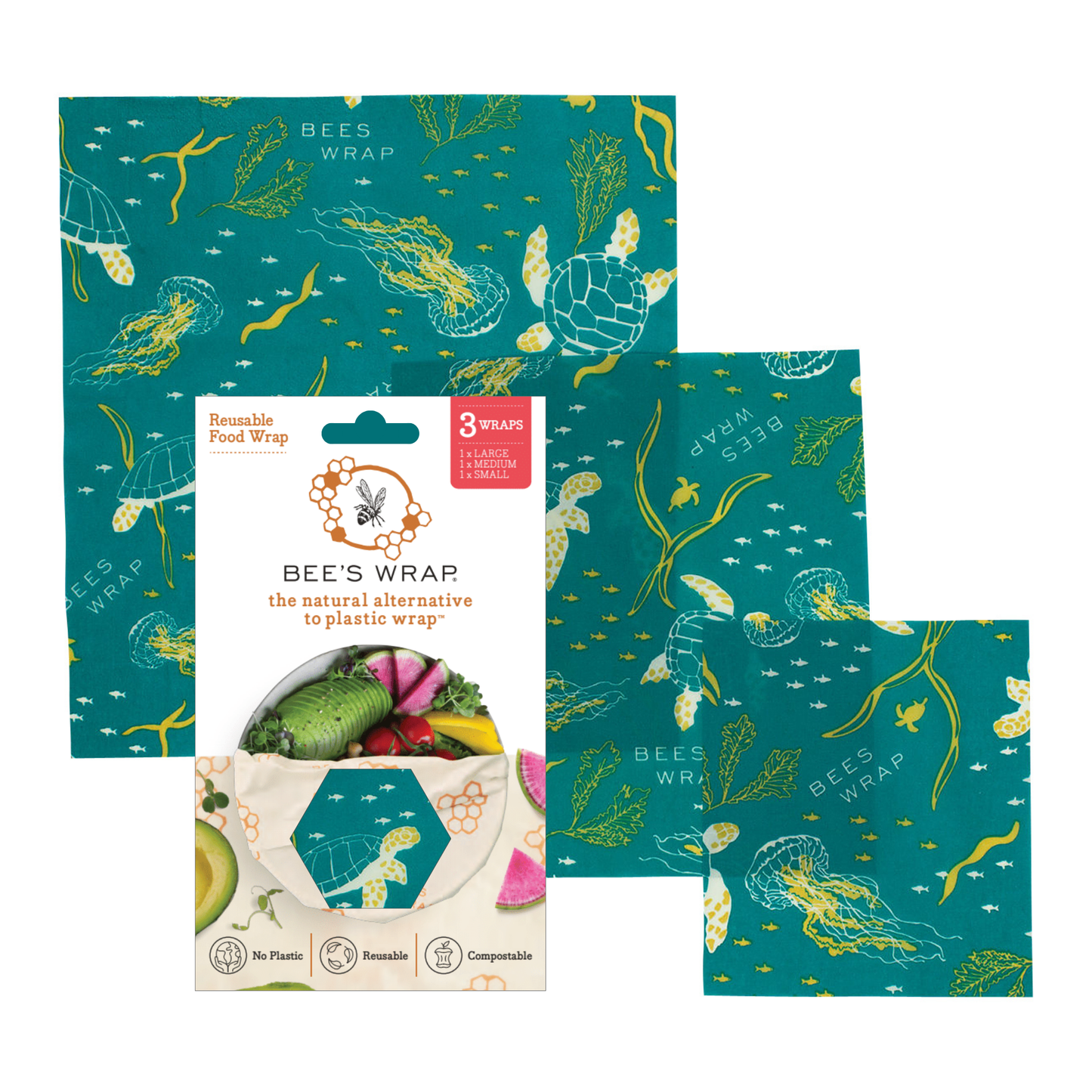 Bees Wrap Reusable Beeswax Food Wraps 3 Pack - Oceans