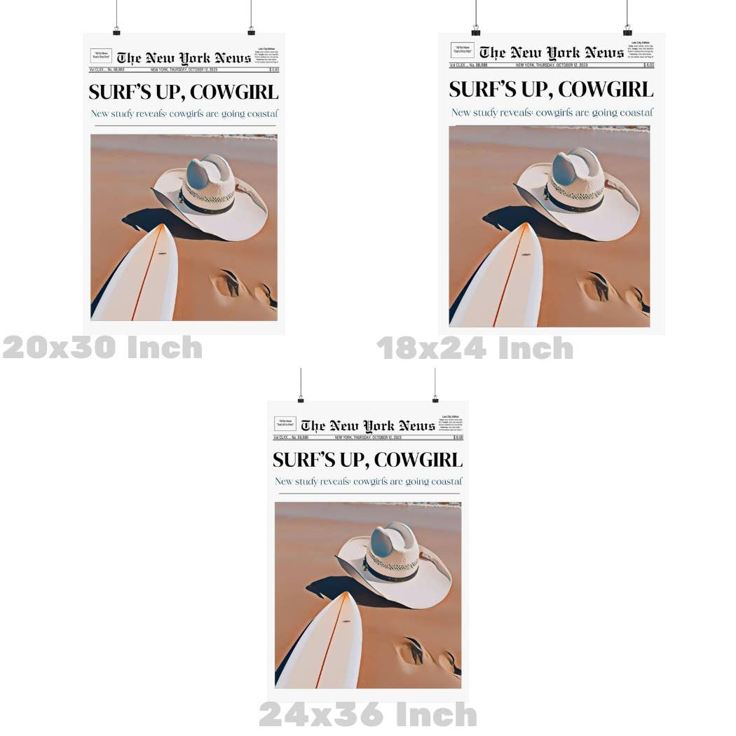 Surfs Up Cowgirl Newspaper Headline Wall Art Prints