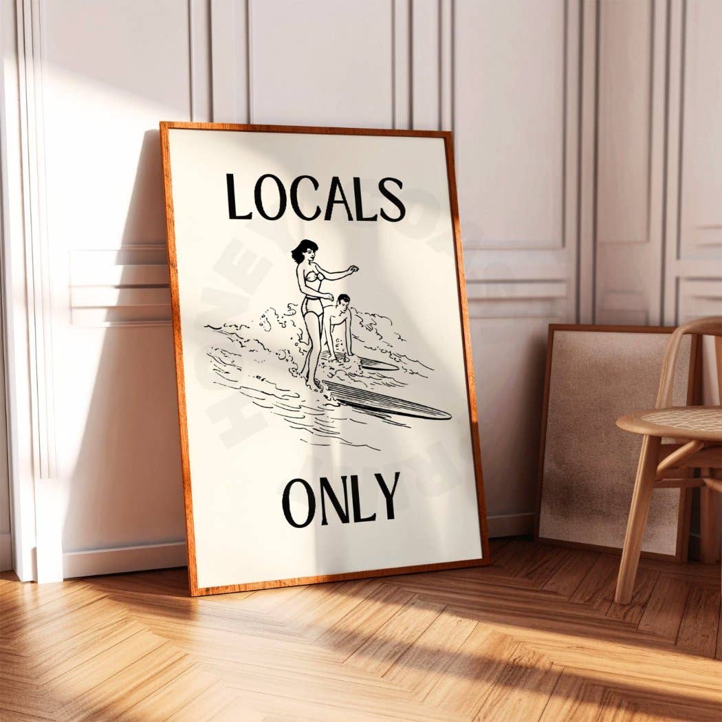 Locals Only Retro Surfer Typography Wall Art Monotone Prints