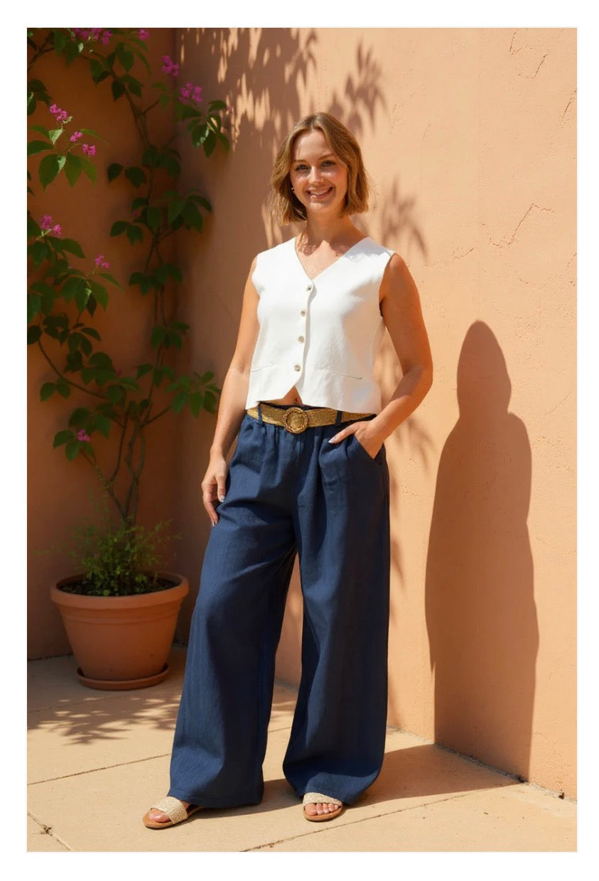 Linen Pant with Belt | Navy